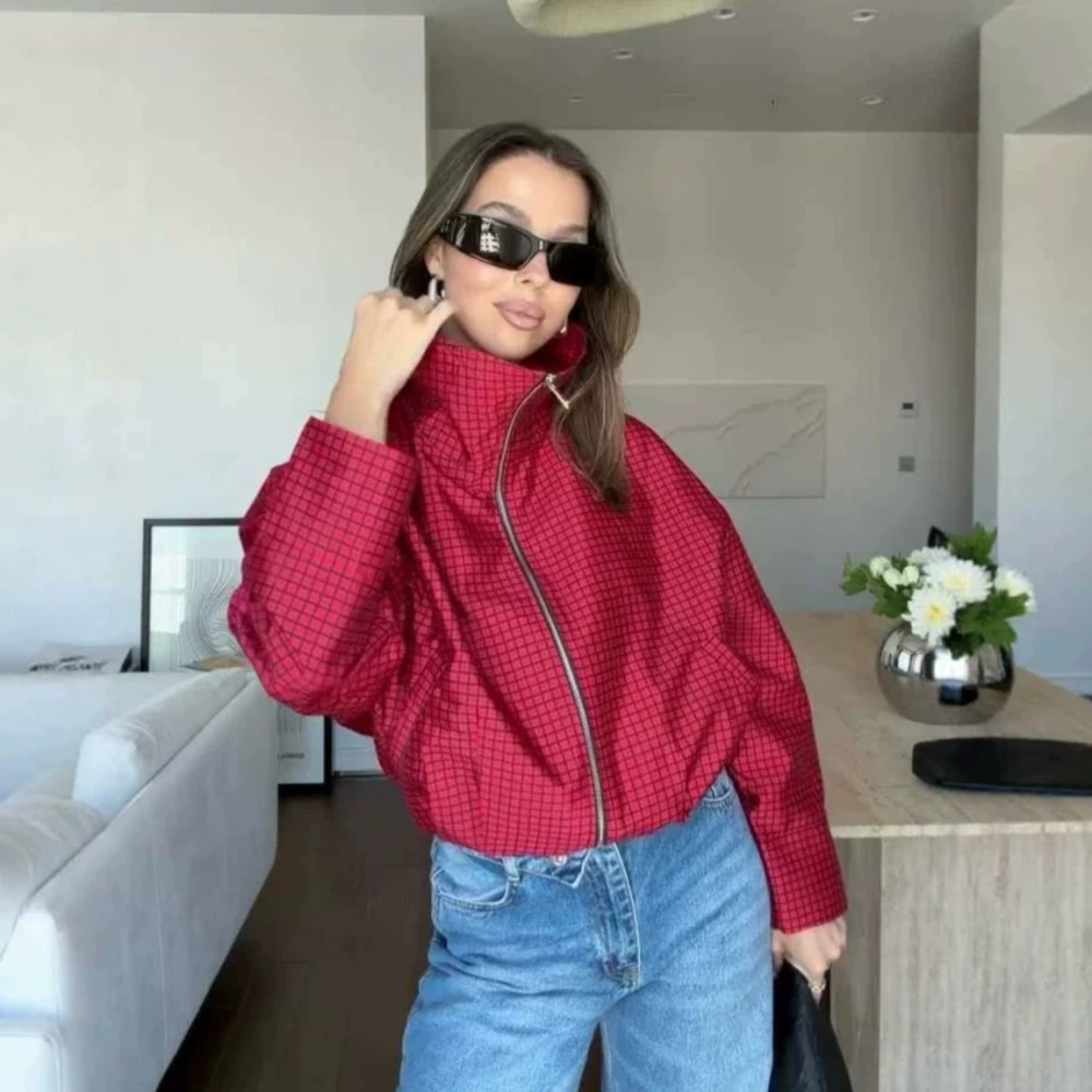 ZARA Stand Collar Plaid Bomber Jacket